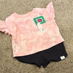 Jumping Beans Pink Tie-Dye Top with Crochet Patch and shorts